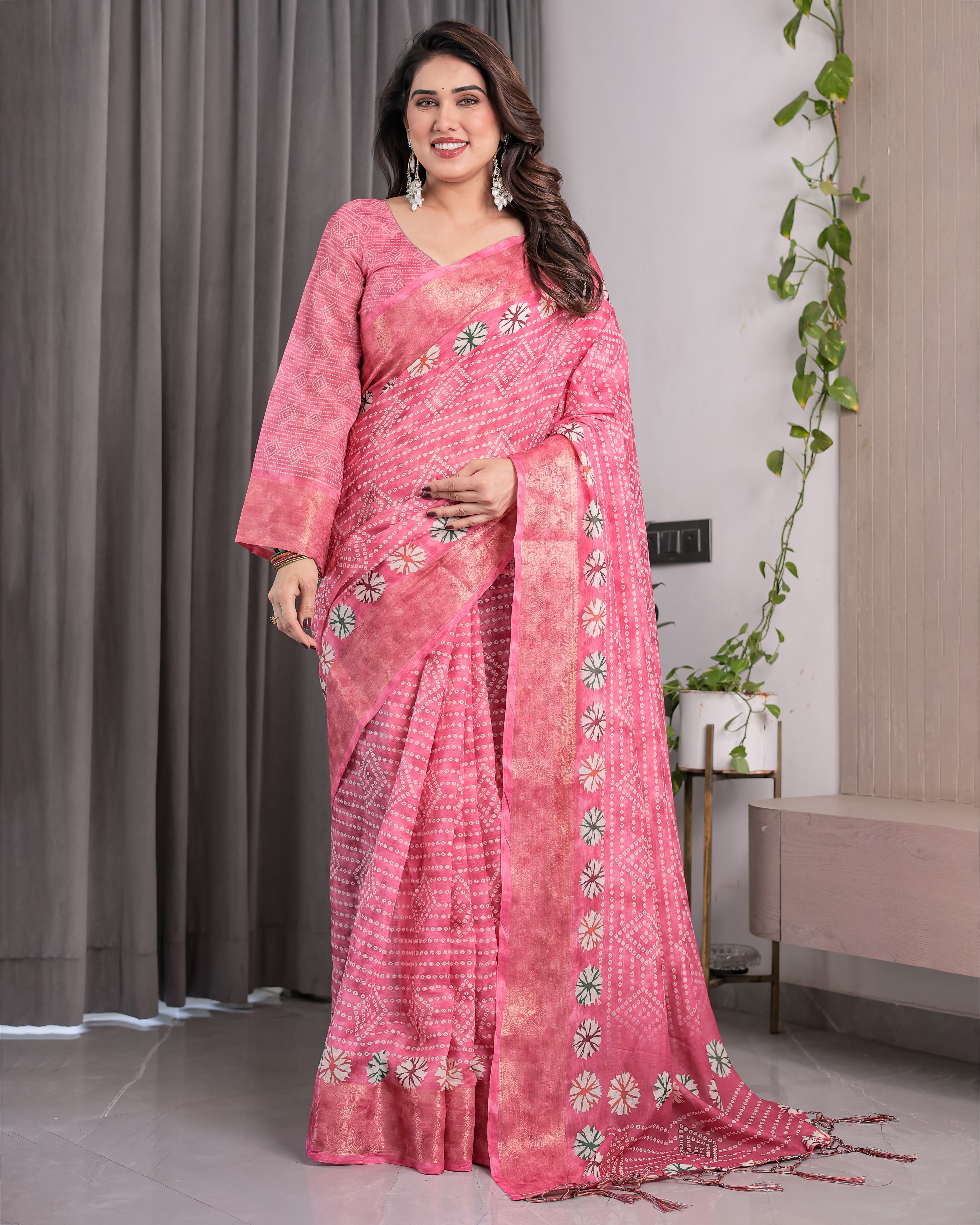 Artisan Rose Pink Handloom Linen Saree with Bandhani Inspired Floral Print