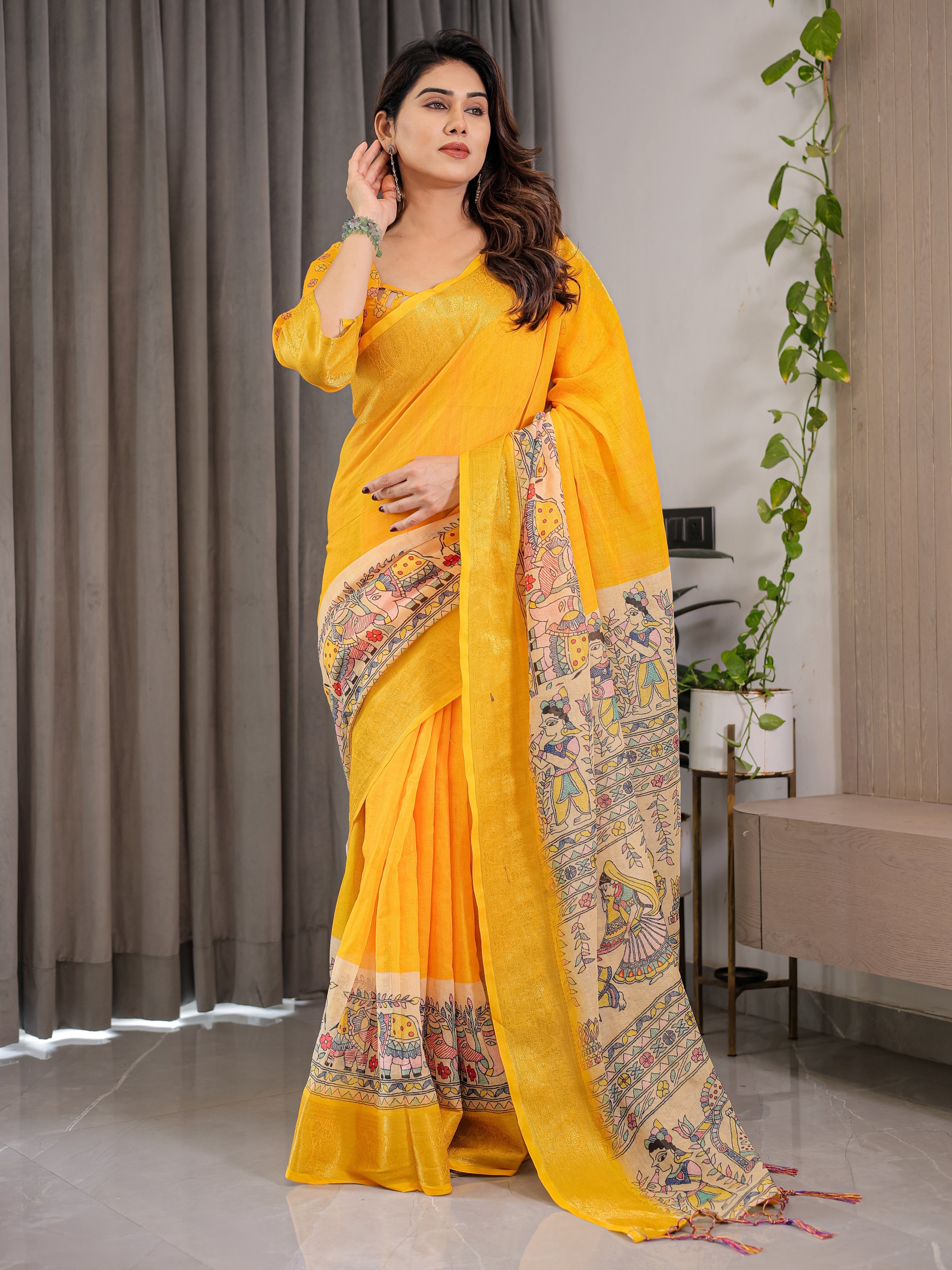 Yellow Madhubani Cotton Linen Saree with Zari Border & Tassels