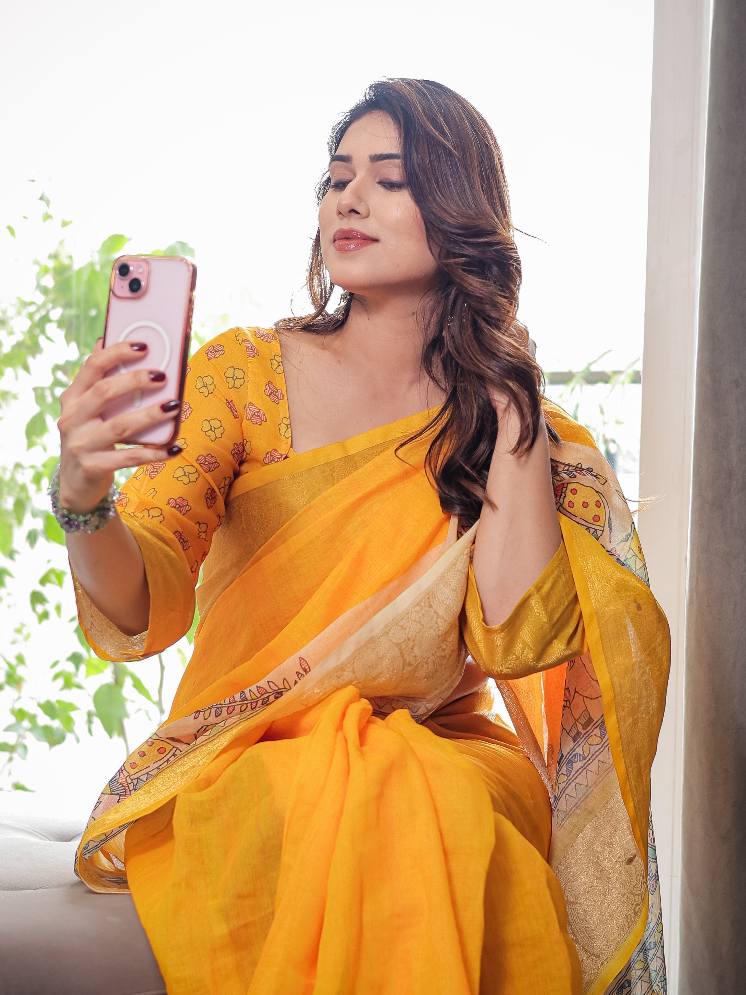 yellow cotton linen sarees