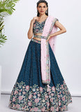 Navy Blue Pure Chiffon Floral Sangeet Lehenga