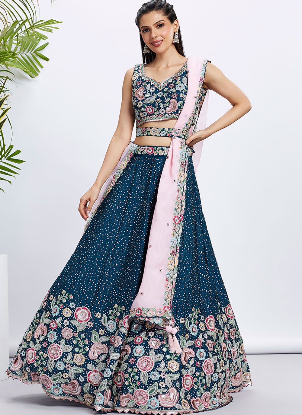 Floral Bridal Sangeet Lehenga with Organza Dupatta