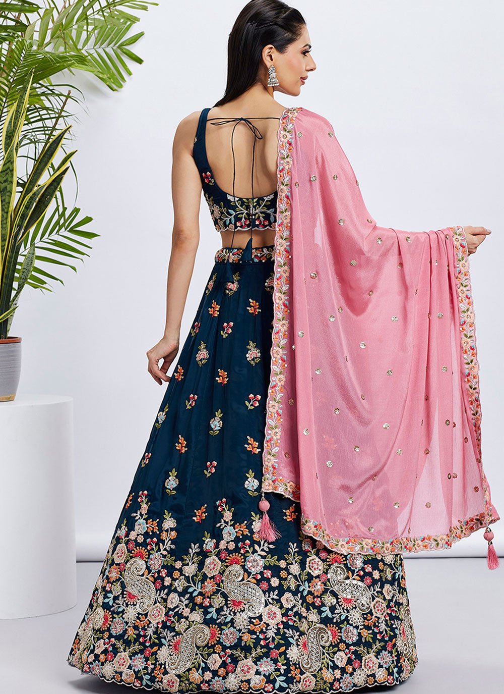 Sequined Navy Blue Lehenga with Dupatta
