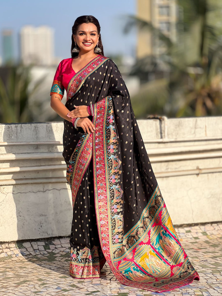 black wedding wear viscose silk saree with meenakari zari weaving