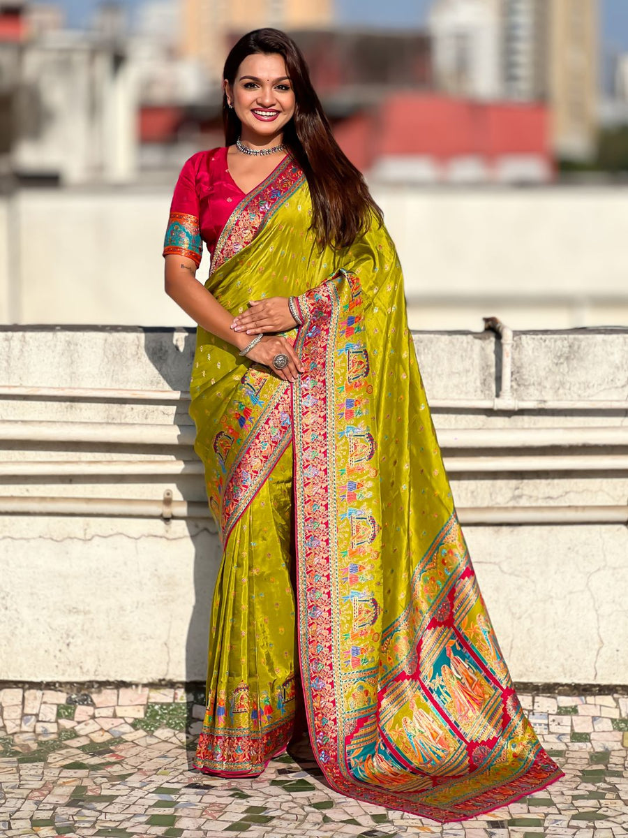 mehendi green viscose silk saree with meenakari zari weaving