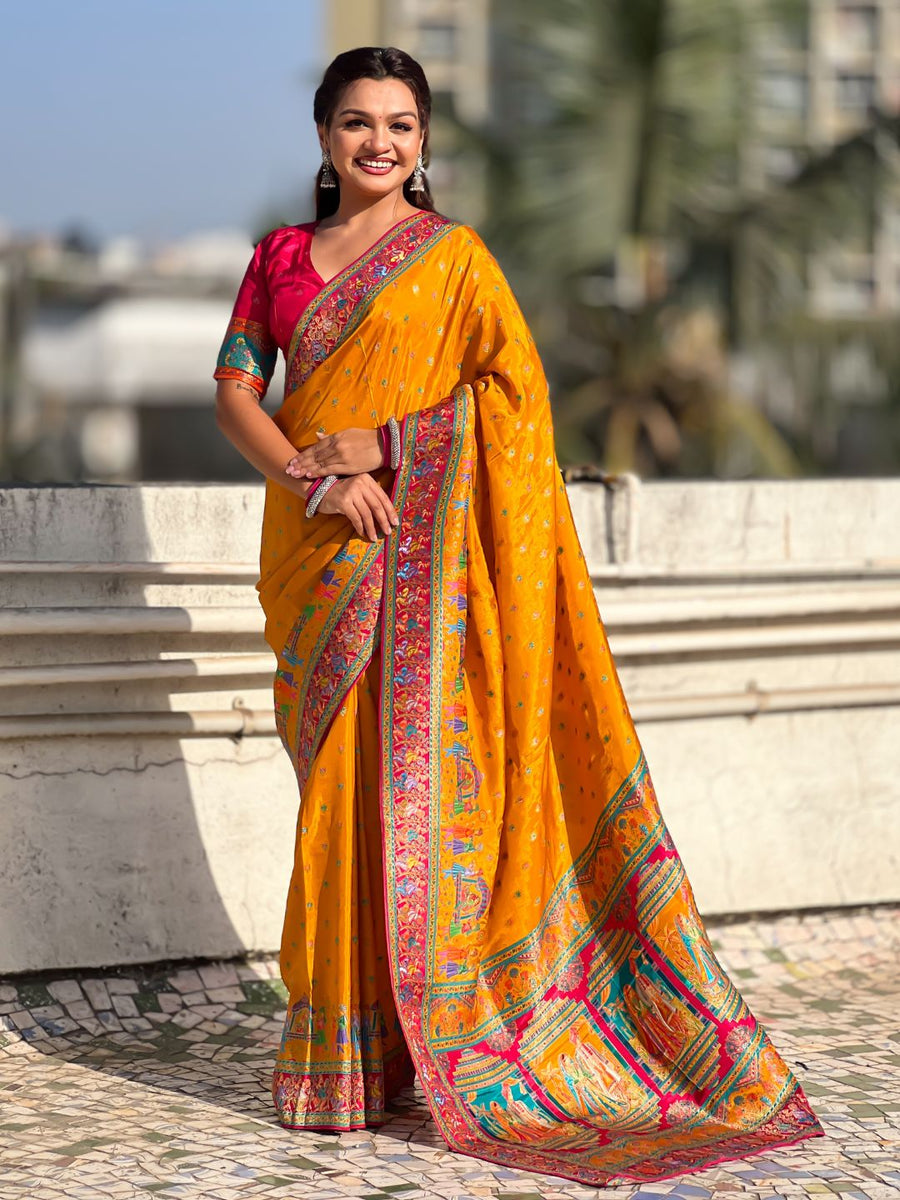 mustard viscose silk saree with meenakari zari weaving
