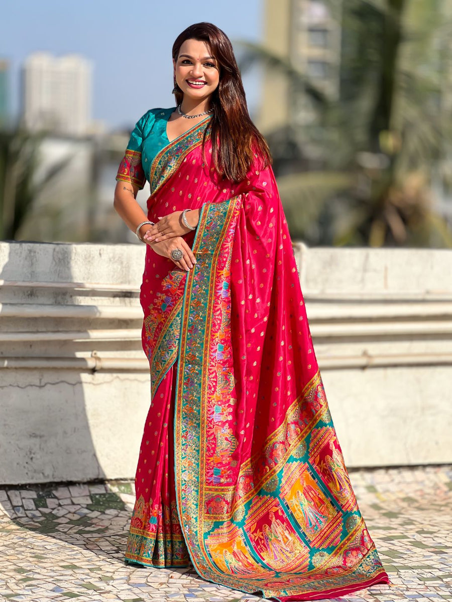 pink viscose silk saree with meenakari zari weaving