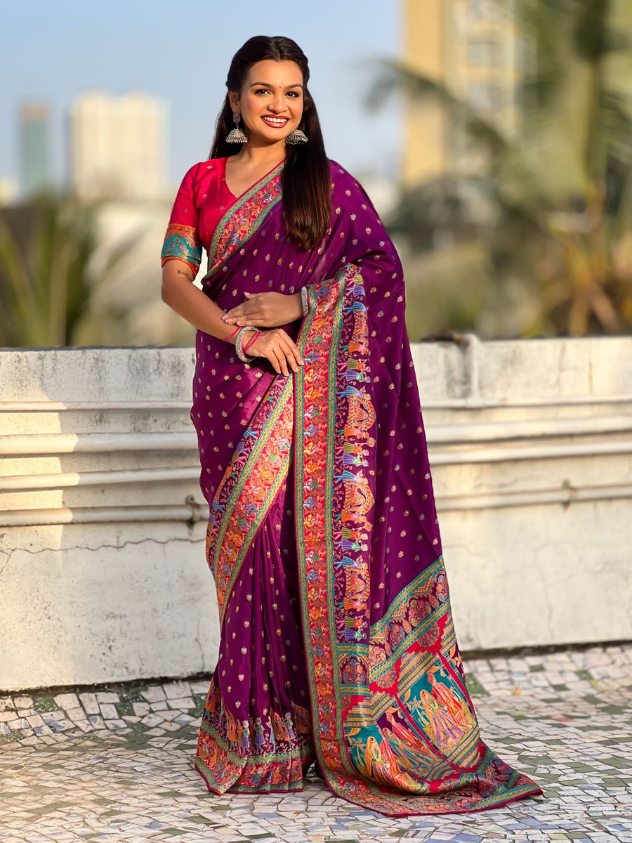 purple viscose silk saree with meenakari zari weaving