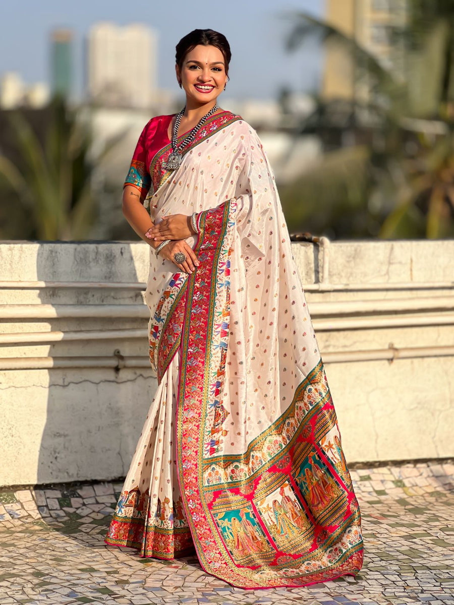 white pure viscose silk saree with meenakari zari weaving