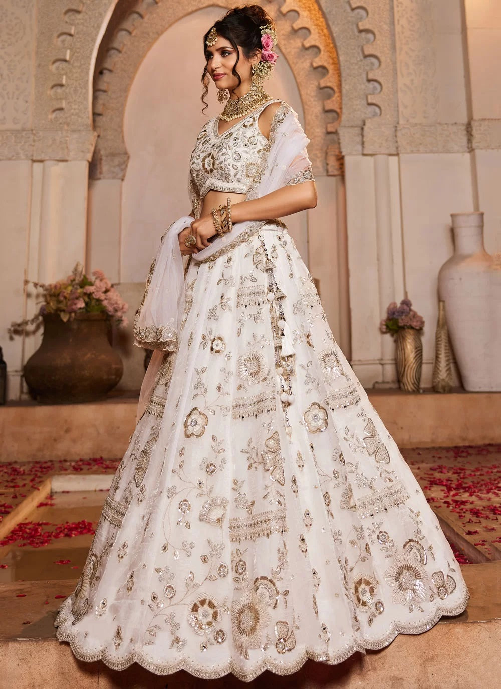 Off White Tissue Affordable Wedding Lehenga with Sequins Moti Work