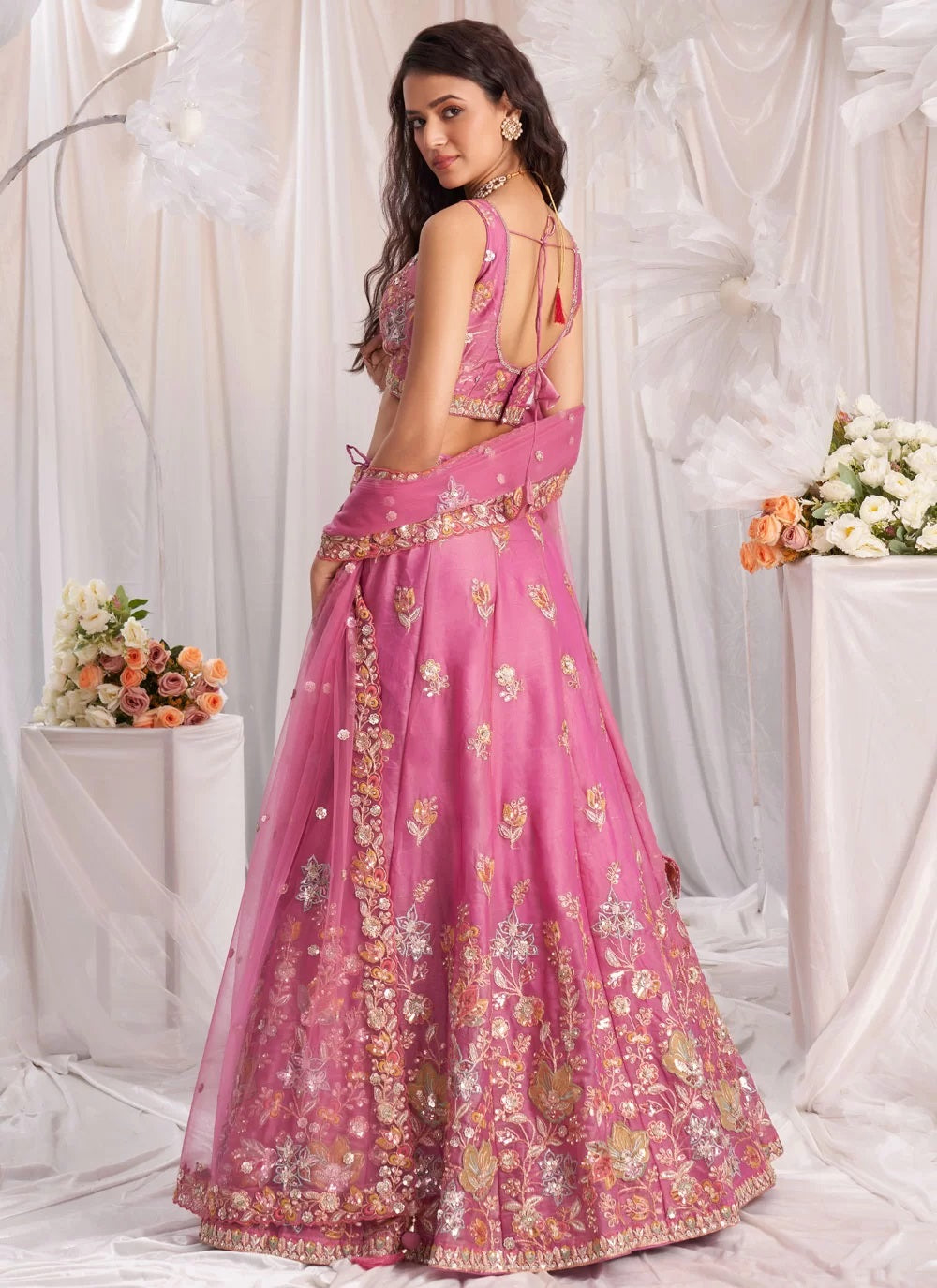Pink Designer Bridesmaid Lehenga with Sequins and Zarkan Work for Indian Wedding