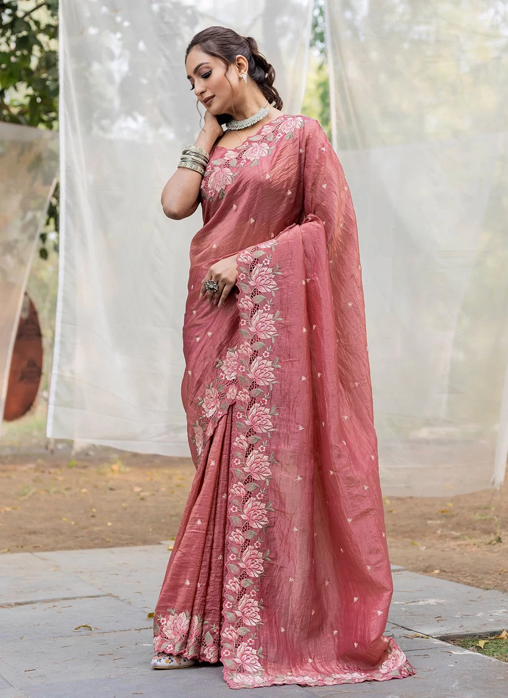 pink silk reception saree