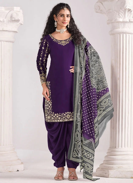 Buy Purple Roman Silk Mirror Work Patiyala Suit with Chanderi Dupatta |  Designer Embroidered Punjabi Suit  Gunj Fashion