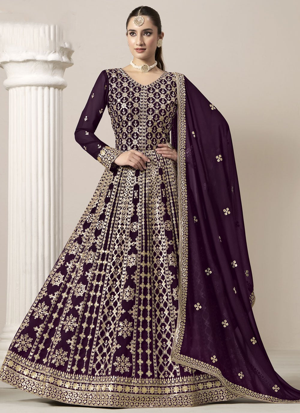 Purple Faux Georgette Embroidered Long Anarkali Suit for Wedding and Festive Wear