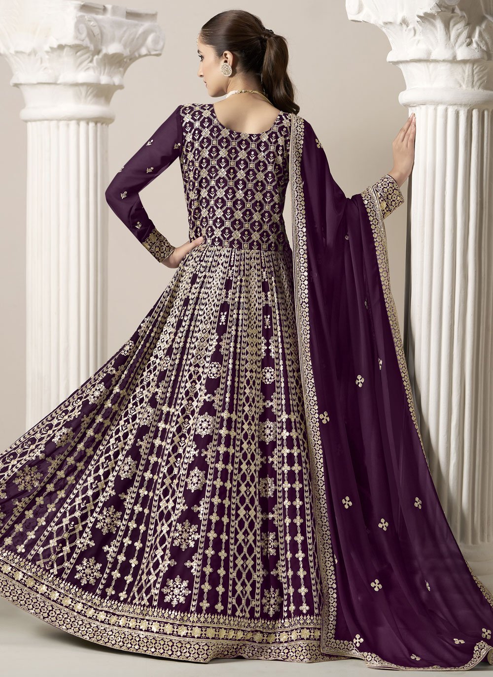 Purple Faux Georgette Embroidered Long Anarkali Suit