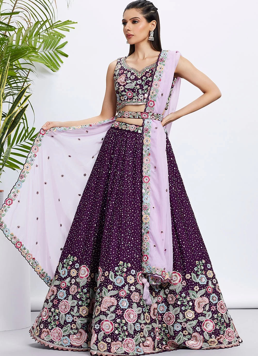 Purple Floral Sangeet Lehenga in Pure Chiffon