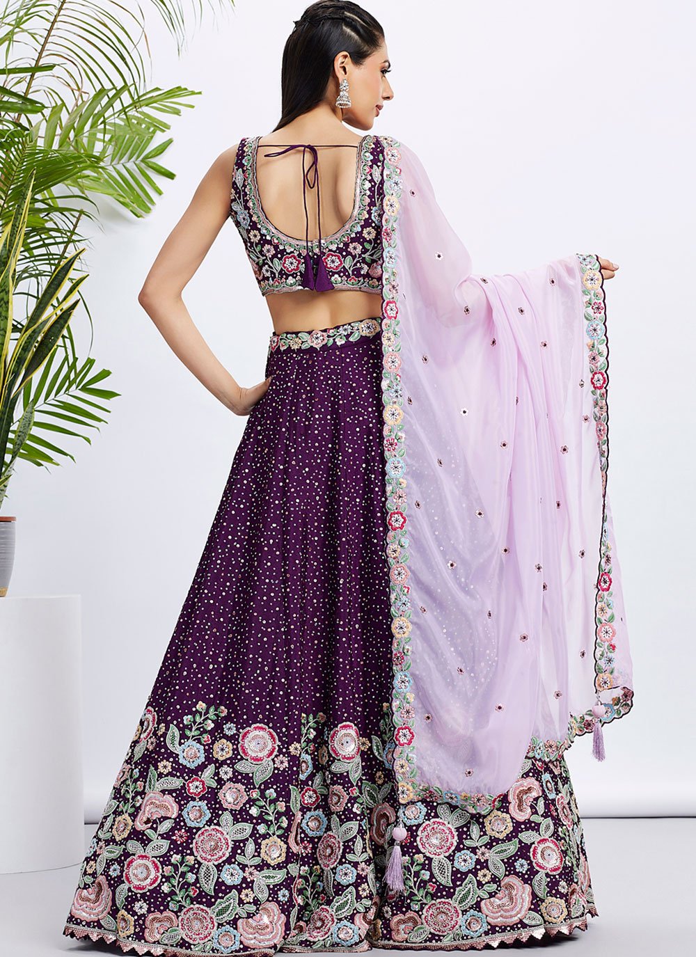 Purple Floral Sangeet Lehenga in Pure Chiffon