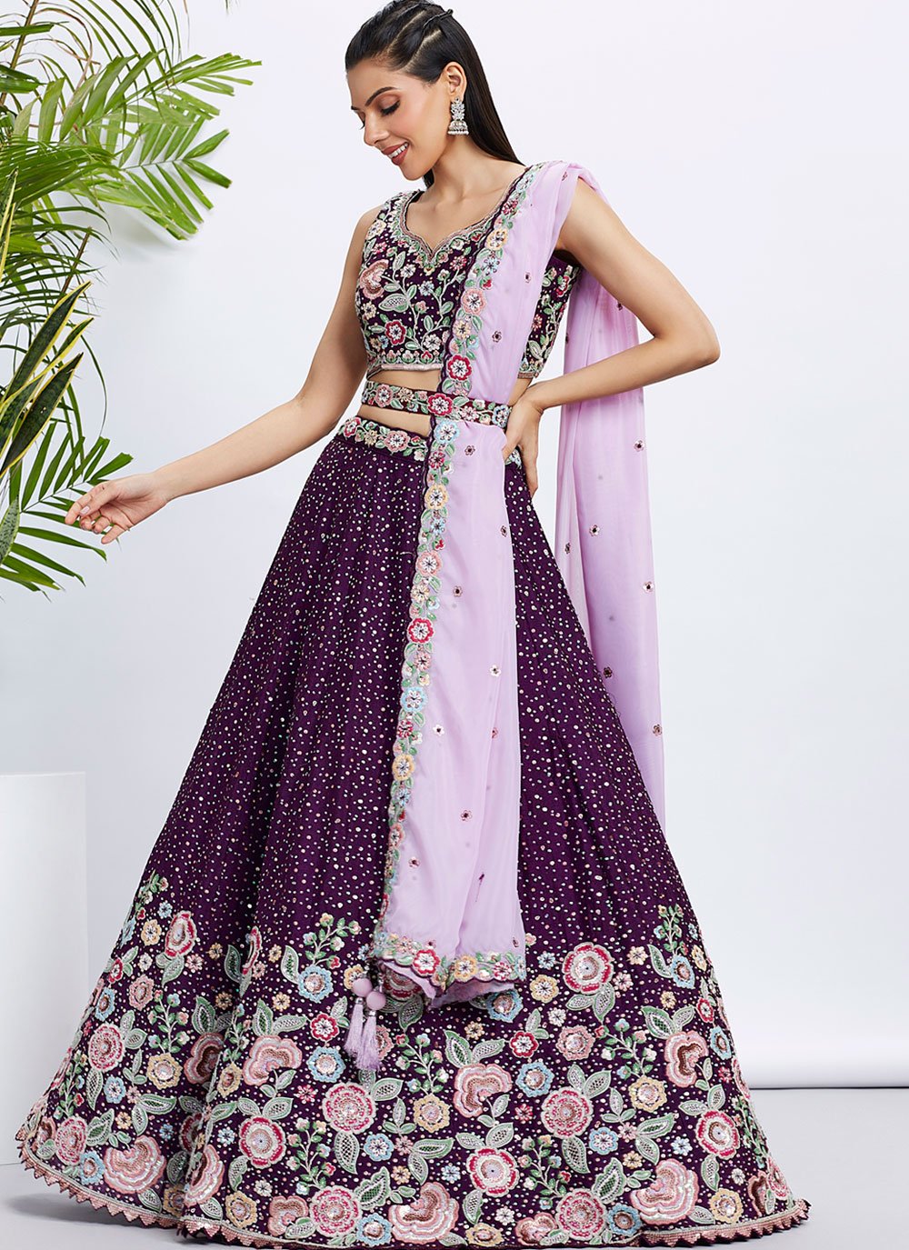 Purple Pure Chiffon Floral Sangeet Lehenga