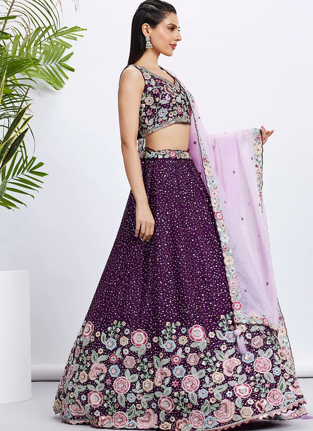 Sequins Embroidered Purple Lehenga with Organza Dupatta