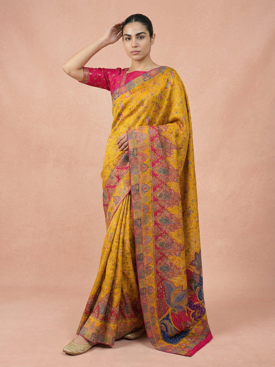 yellow haldi function viscose silk saree with meenakari weaving