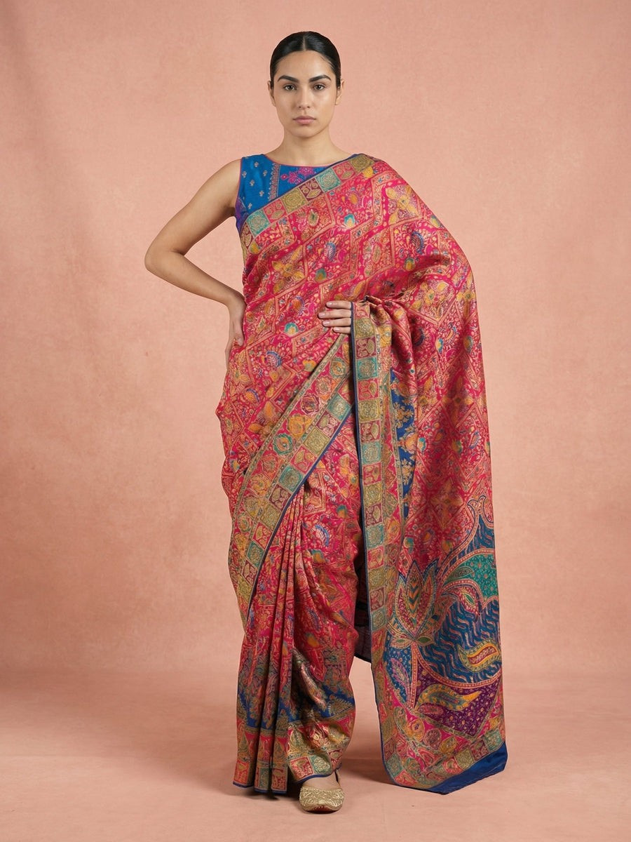 pink pure viscose silk saree with meenakari zari weaving