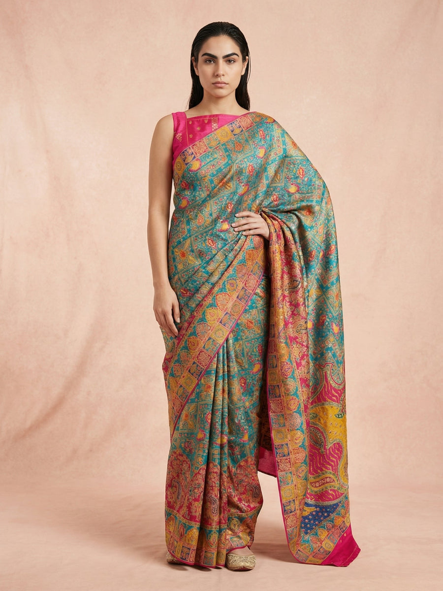 rama green pure viscose silk saree with meenakari zari weaving
