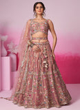 Rosegold Net Bridal Lehenga with Moti & Sequins Embroidery