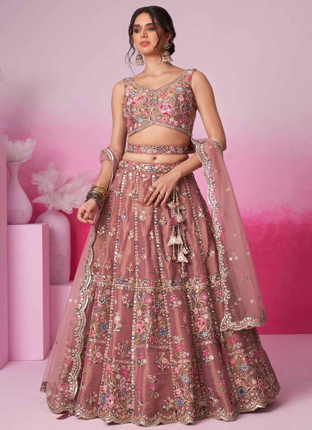 Rosegold Bridal Lehenga with Sequins Embroidery