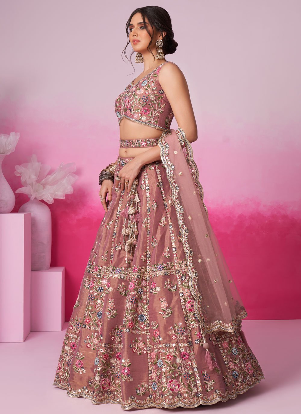 Moti and Sequins Work Rosegold Lehenga for Brides