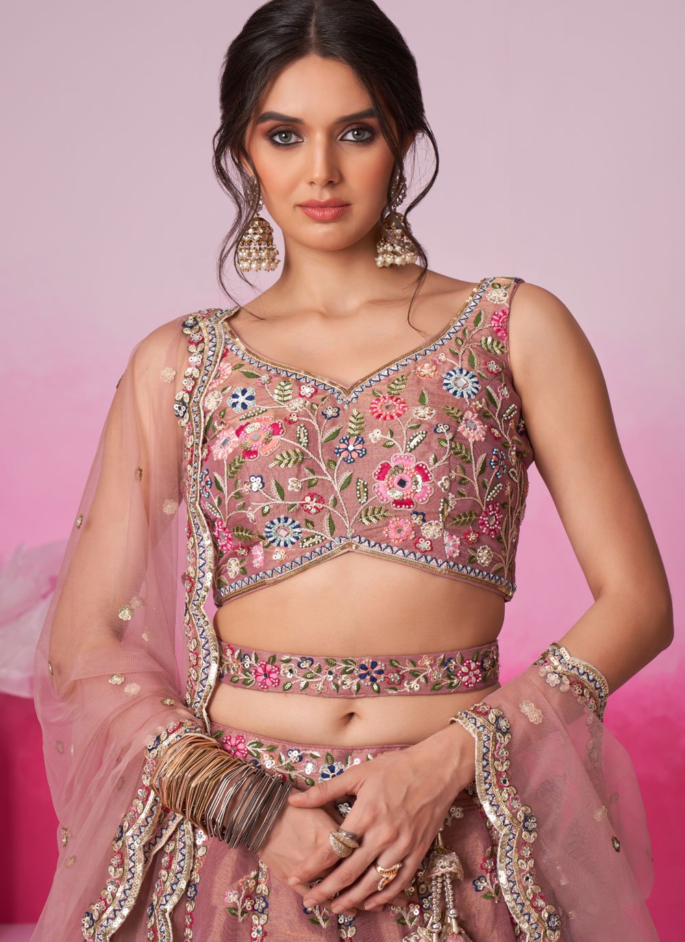 Elegant Rosegold Bridal Lehenga with Dupatta and Waist Belt