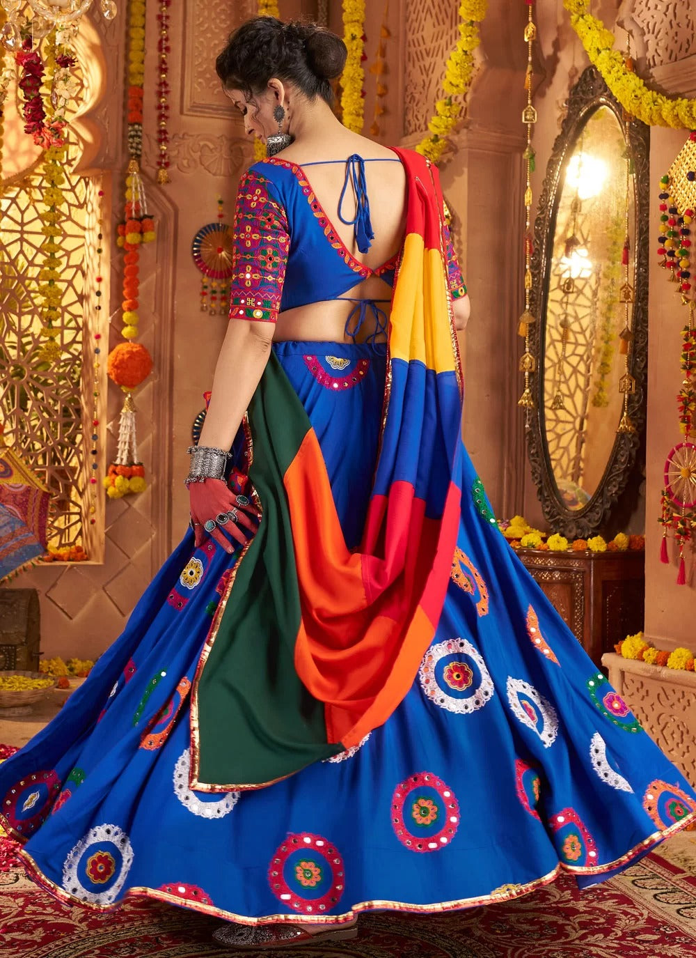 Royal Blue Viscose Cotton Mirror Work Chaniya Choli for Navratri 2025