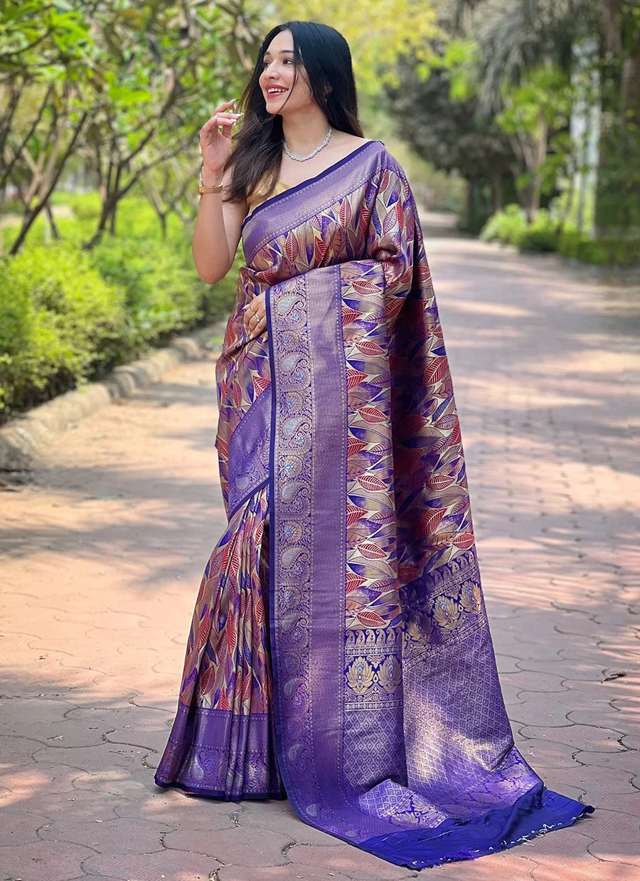 Woman wearing a purple saree with a pattern standing on a pathway in a garden.
