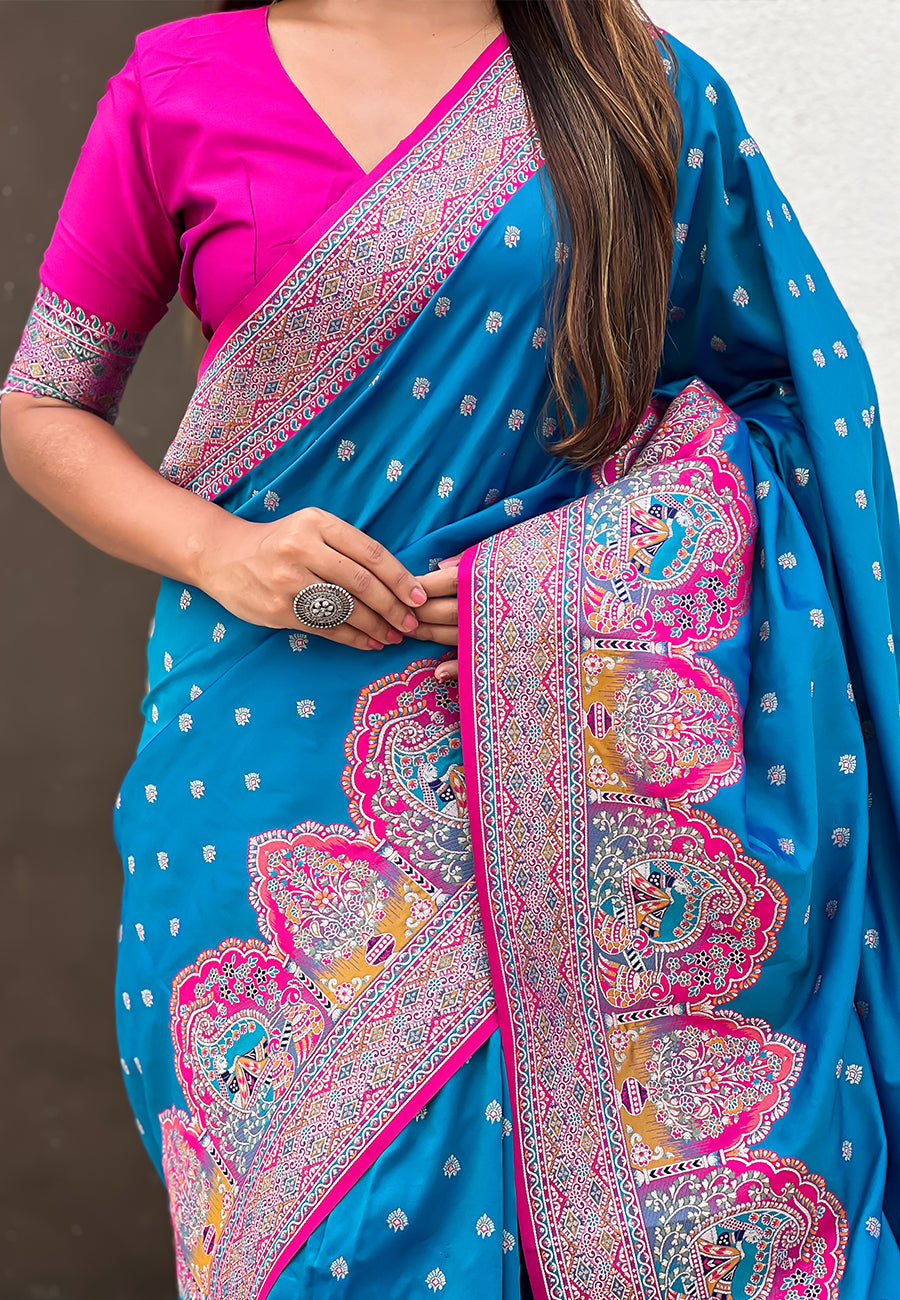 Royal Blue Pashmina Darbari Silk Zari Woven Saree with Meenakari Border
