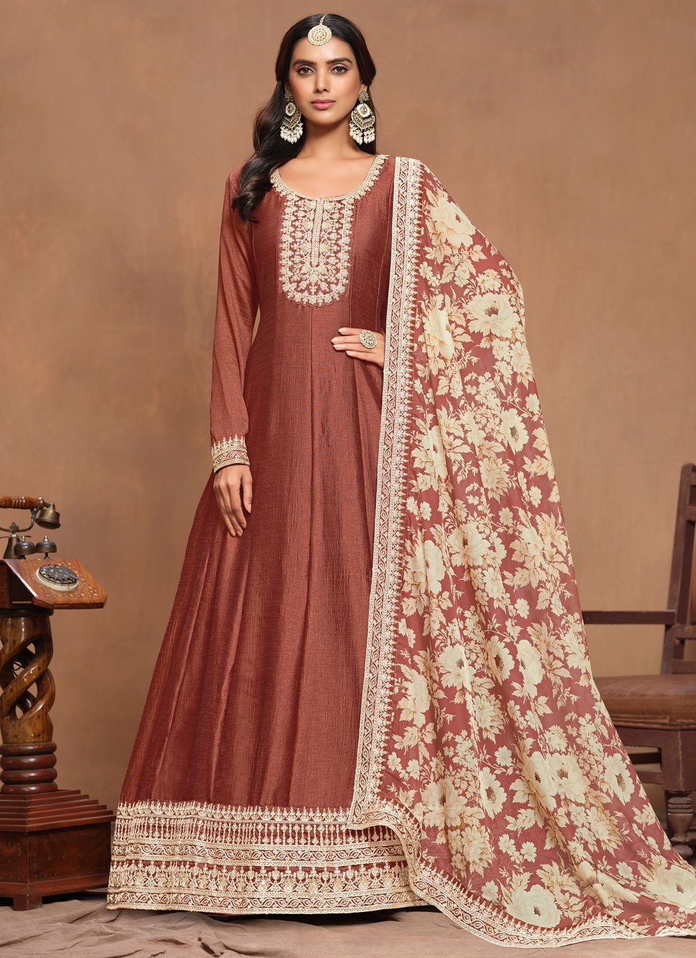 Rust Art Silk Embroidered Traditional Anarkali Gown with Organza Dupatta