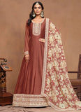 Rust Art Silk Embroidered Traditional Anarkali Gown with Organza Dupatta