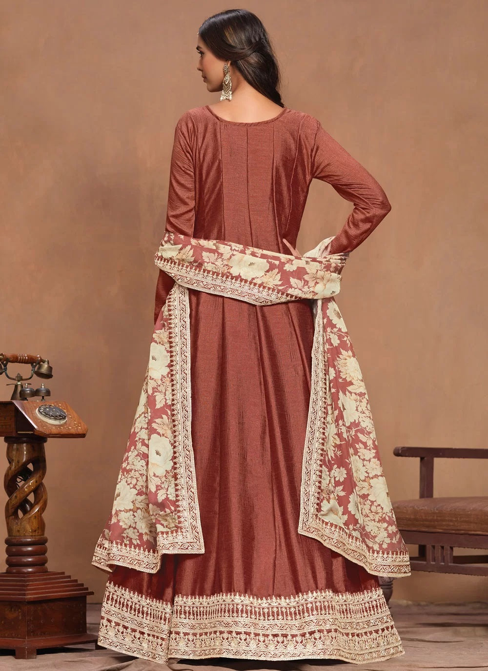 Rust Art Silk Embroidered Traditional Anarkali Gown with Organza Dupatta