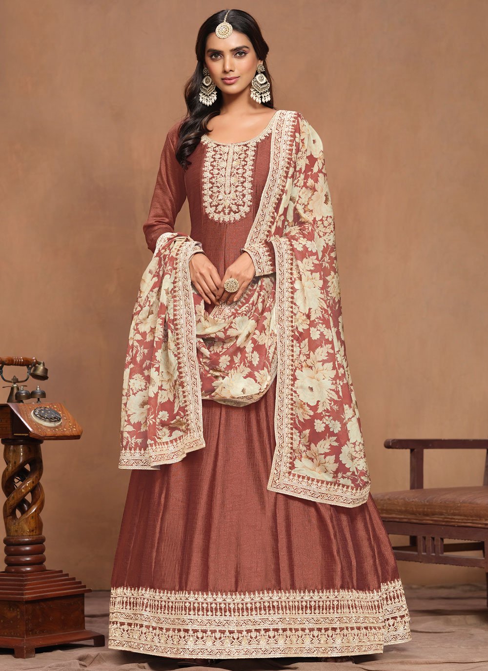 Rust Art Silk Embroidered Traditional Anarkali Gown with Organza Dupatta