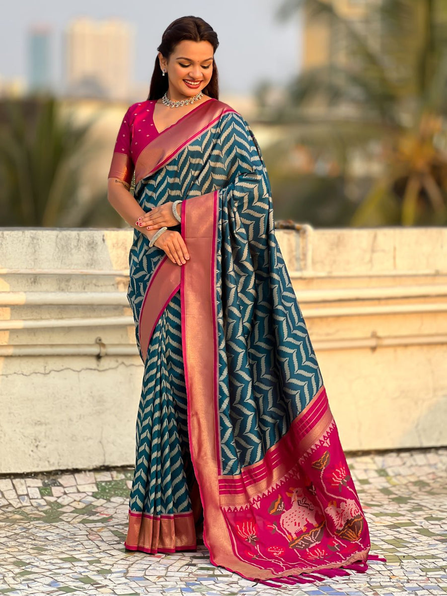 denim blue soft silk saree with ikat motifs and zari weaving design