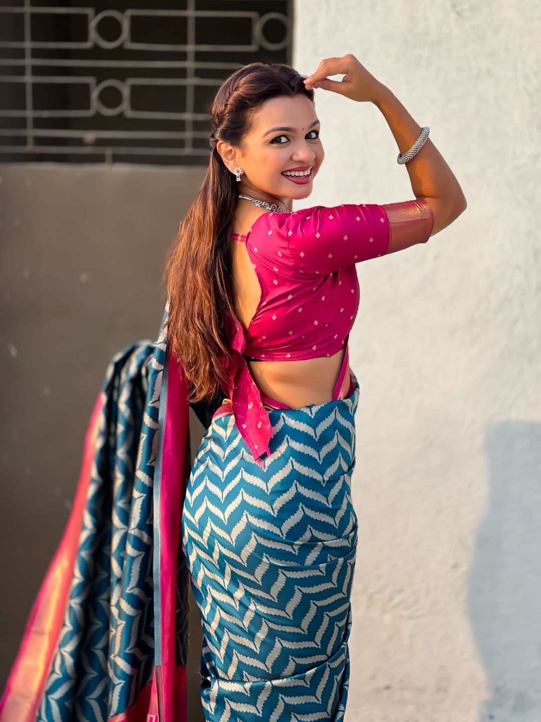 festive denim blue saree with zari weaving and smooth elegant drape