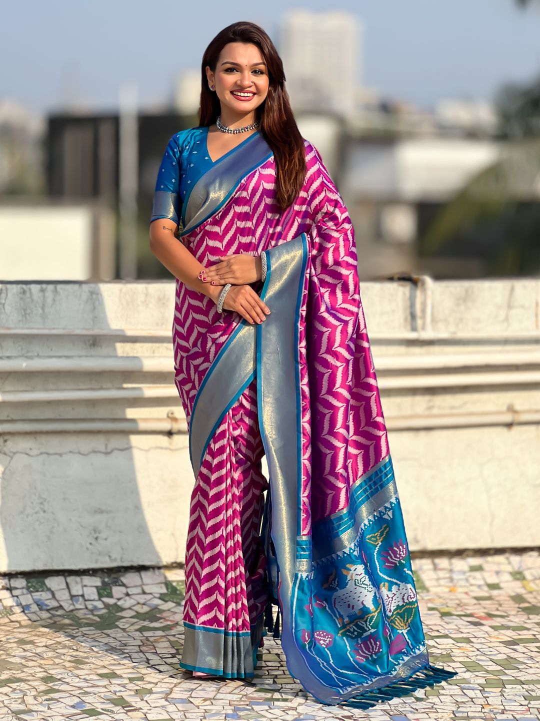 wedding wear silk saree with contrast blouse and woven pallu