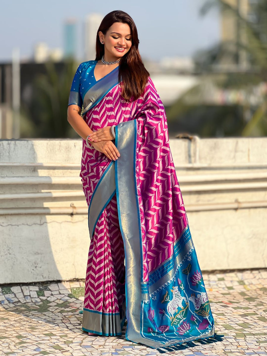 soft silk saree with ikat motifs and zari weaving design