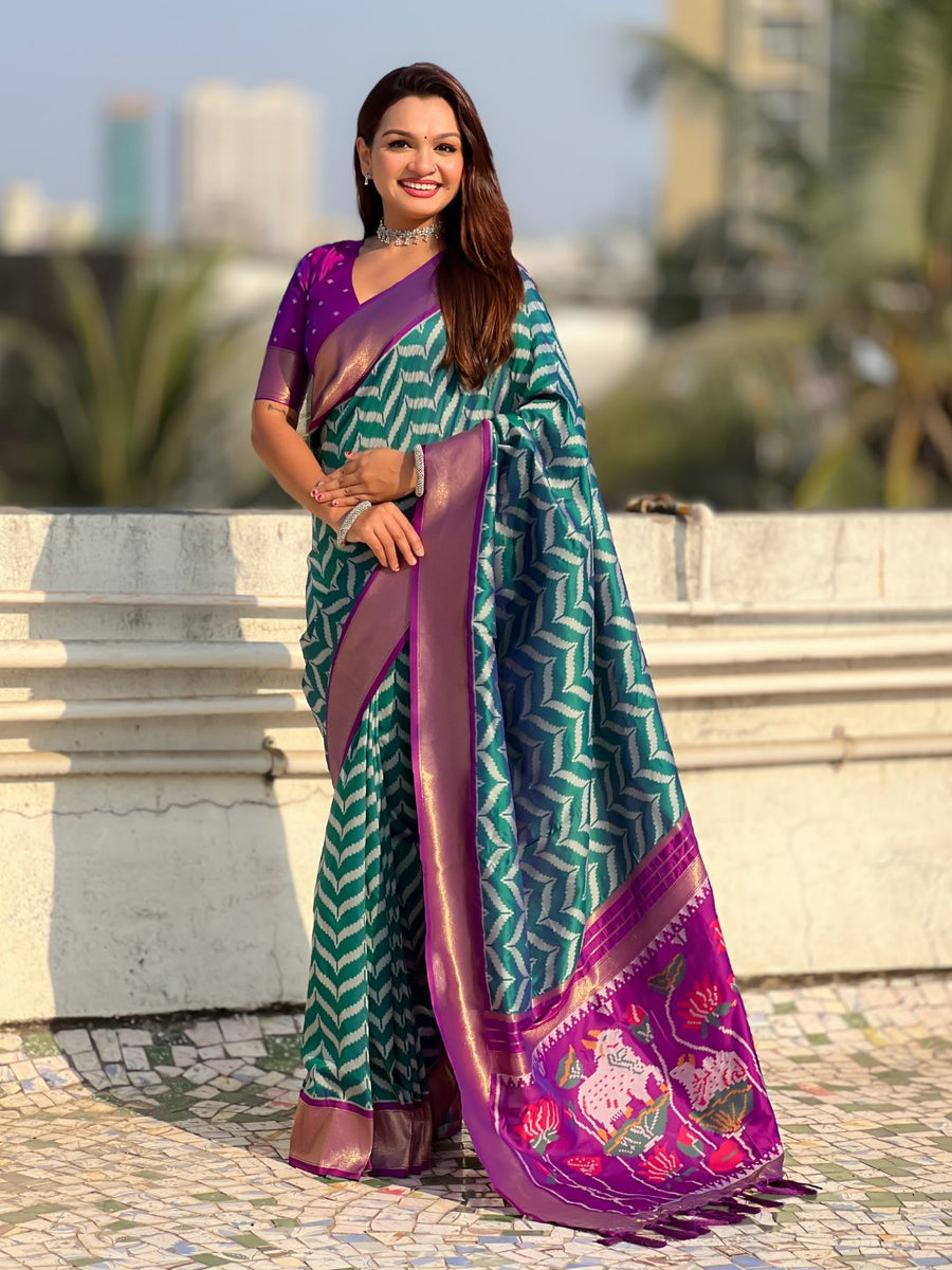 soft silk saree with ikat motifs and zari weaving design