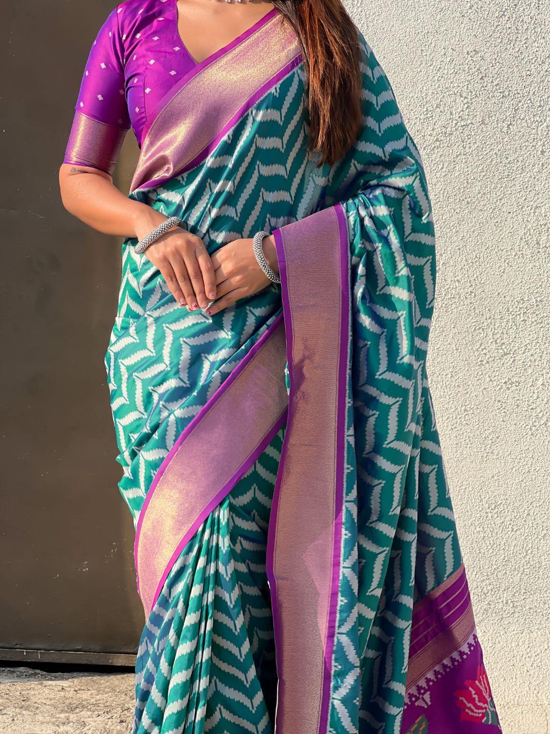 wedding wear silk saree with contrast blouse and rich woven pallu