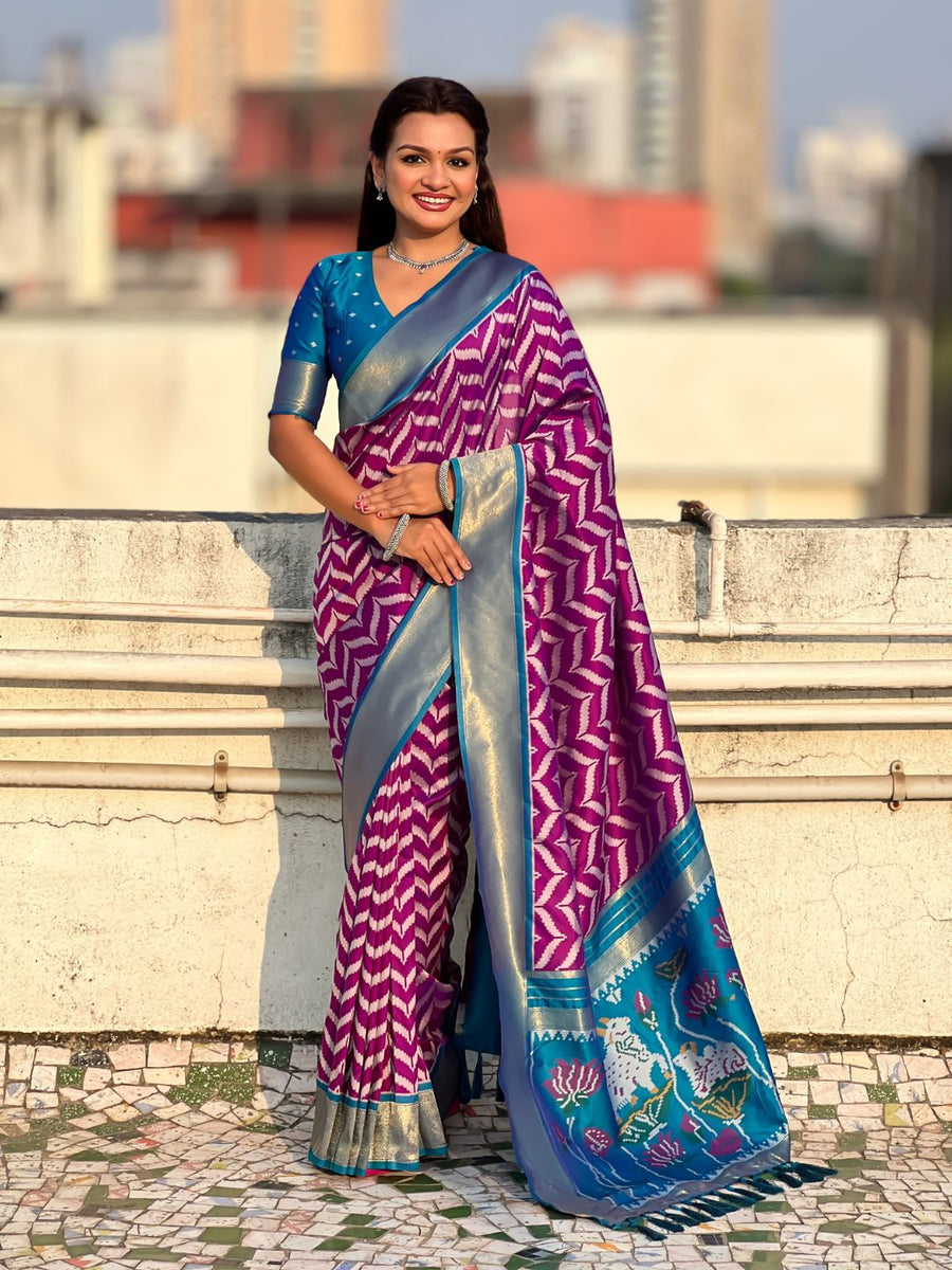 wine soft silk saree with ikat motifs and zari weaving design