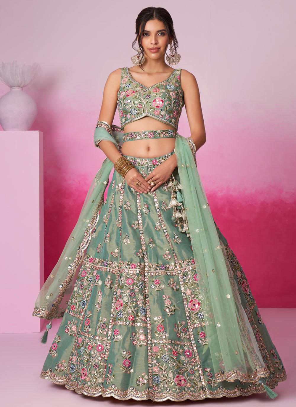 Seagreen Net Lightweight Wedding Lehenga with Moti & Sequins Embroidery