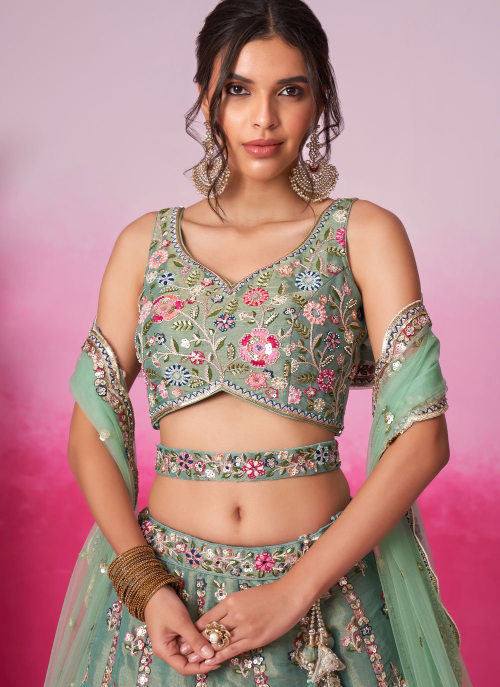 Elegant Seagreen Lehenga with Dupatta and Waist Belt