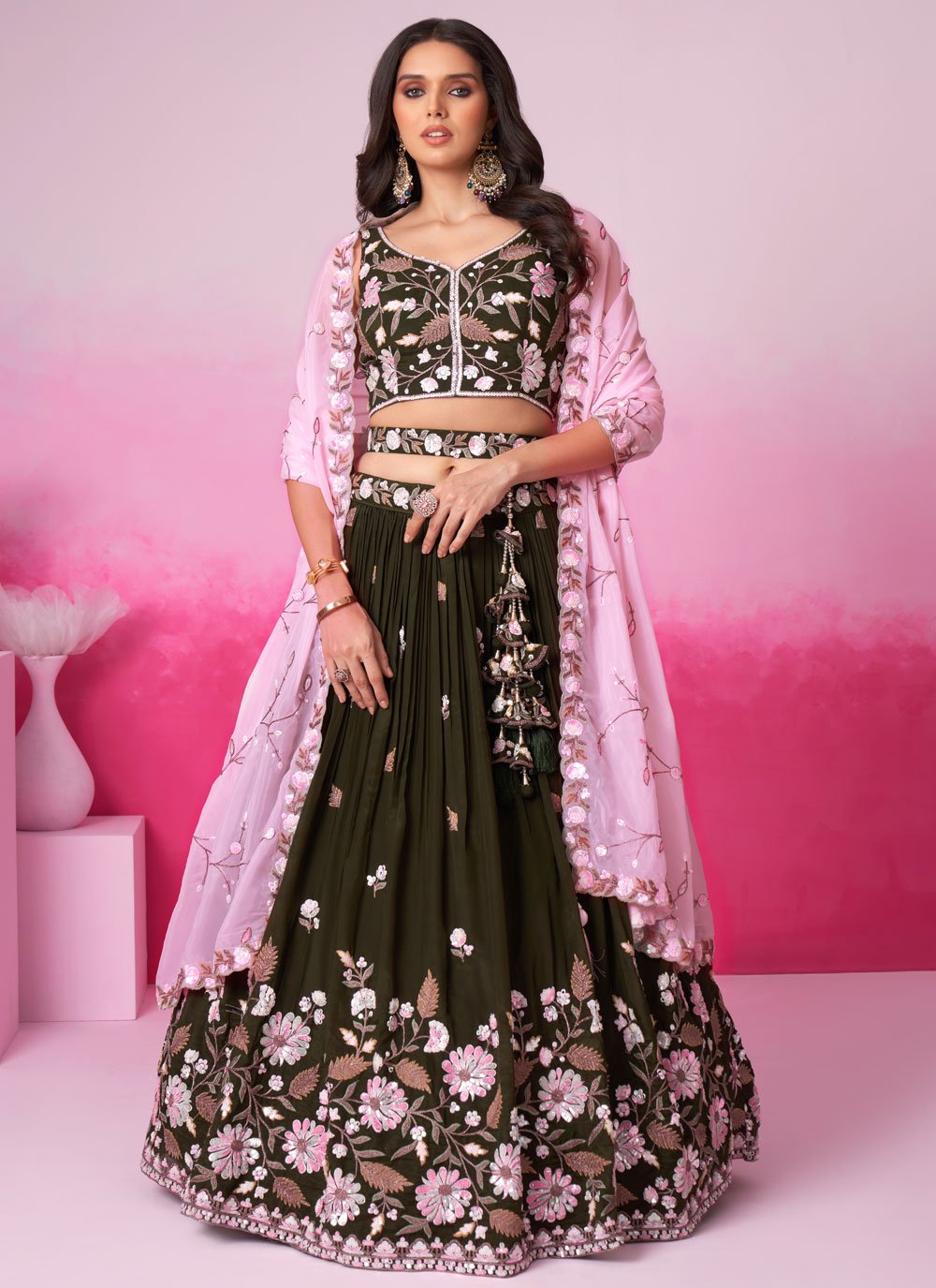 Sequins Embroidered Olive Lehenga with Satin Dupatta