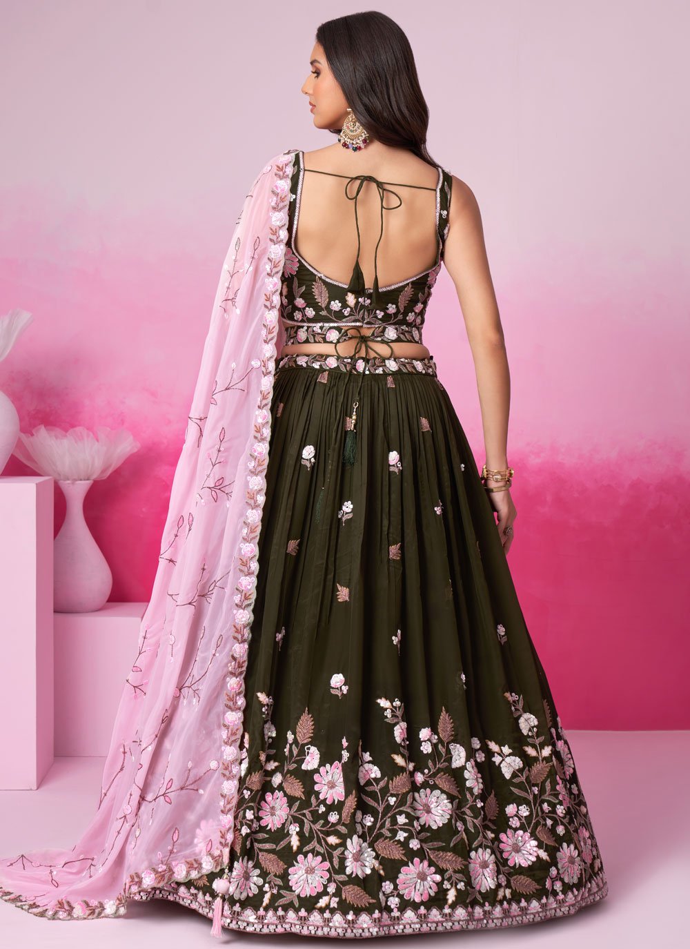 Olive Traditional Sangeet Lehenga in Satin With Sequins and Embroidery