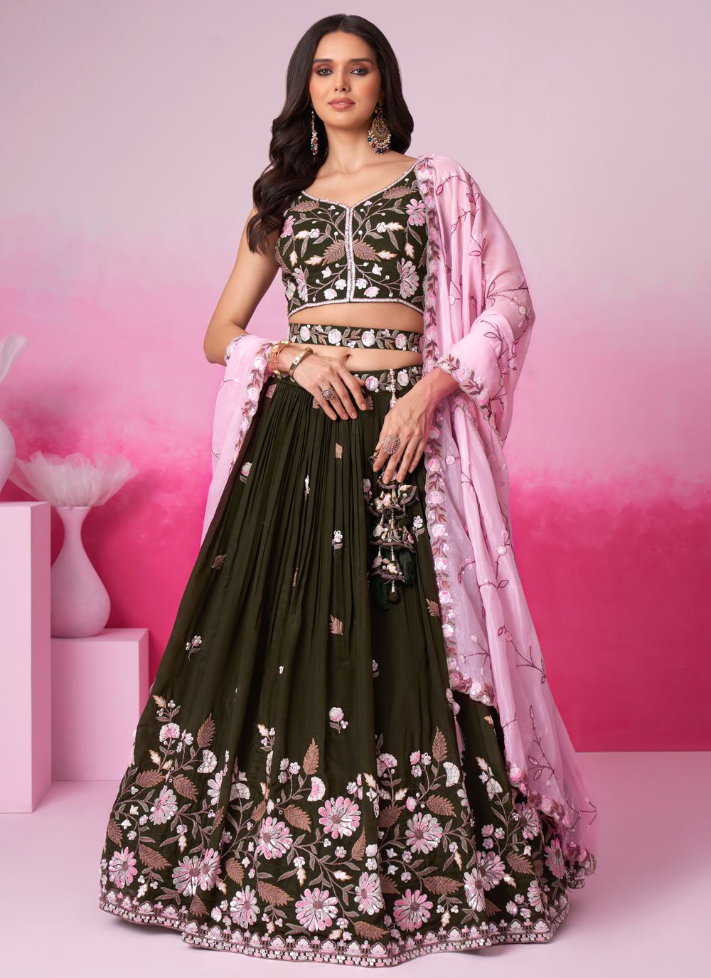 Olive Traditional Sangeet Lehenga in Satin With Sequins and Embroidery