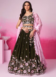 Olive Traditional Sangeet Lehenga in Satin With Sequins and Embroidery