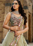 Green Net Lehenga Choli with Beads and Stone Work for Indian Weddings

